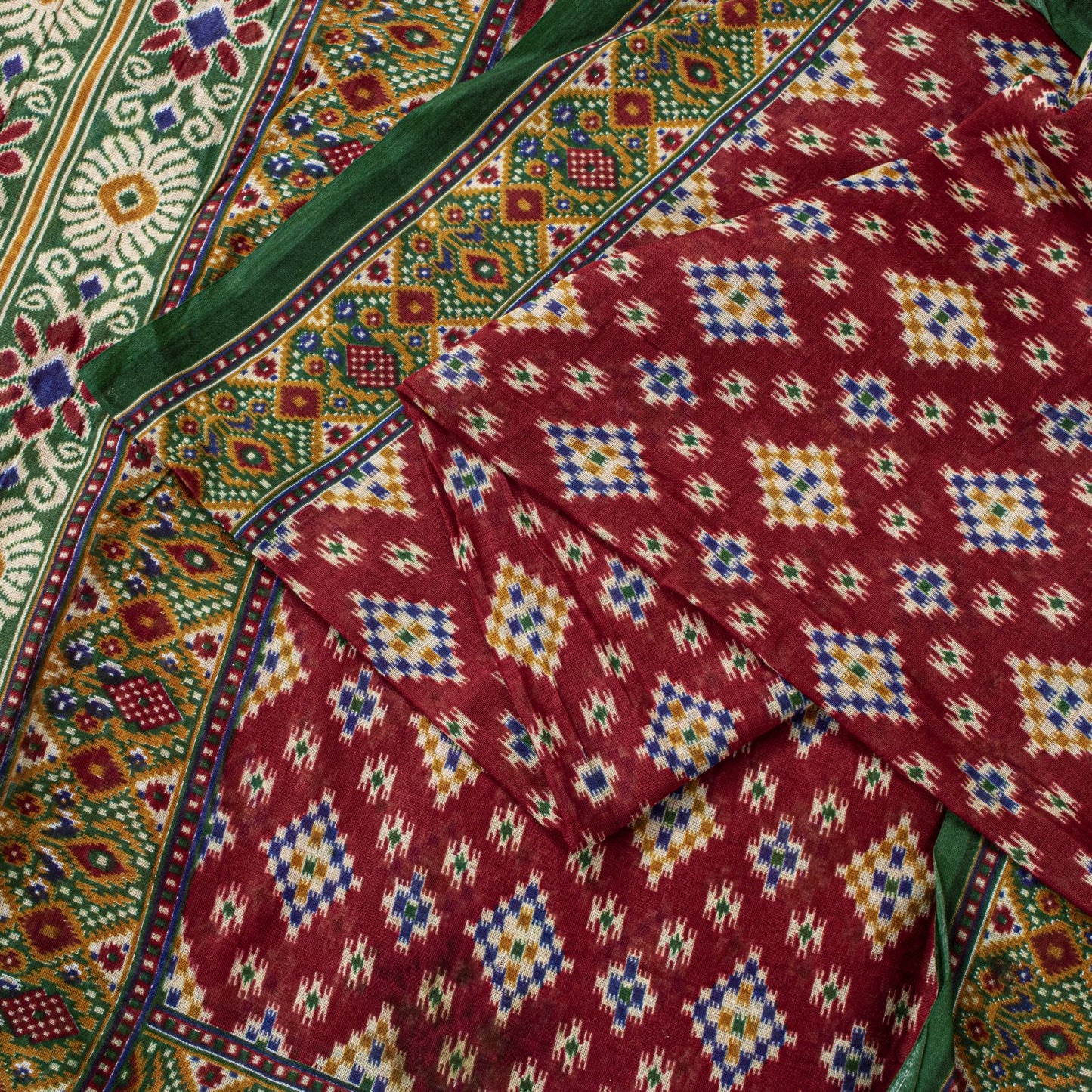 Sanskriti Vintage Saree Red Pure Cotton Patan Patola Gujrat Ikat Print Sari 5+YD