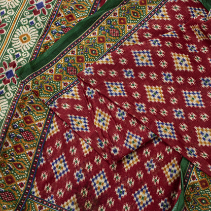 Sanskriti Vintage Saree Red Pure Cotton Patan Patola Gujrat Ikat Print Sari 5+YD