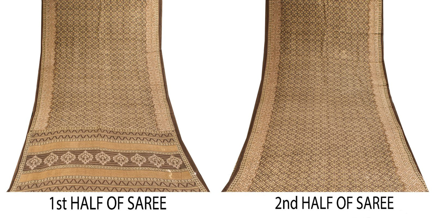 Sanskriti Vintage Saree Brown Soft Pure Cotton Ajrakh Inspired Print Sari 5+YD