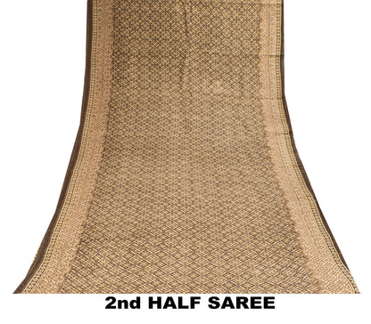 Sanskriti Vintage Saree Brown Soft Pure Cotton Ajrakh Inspired Print Sari 5+YD