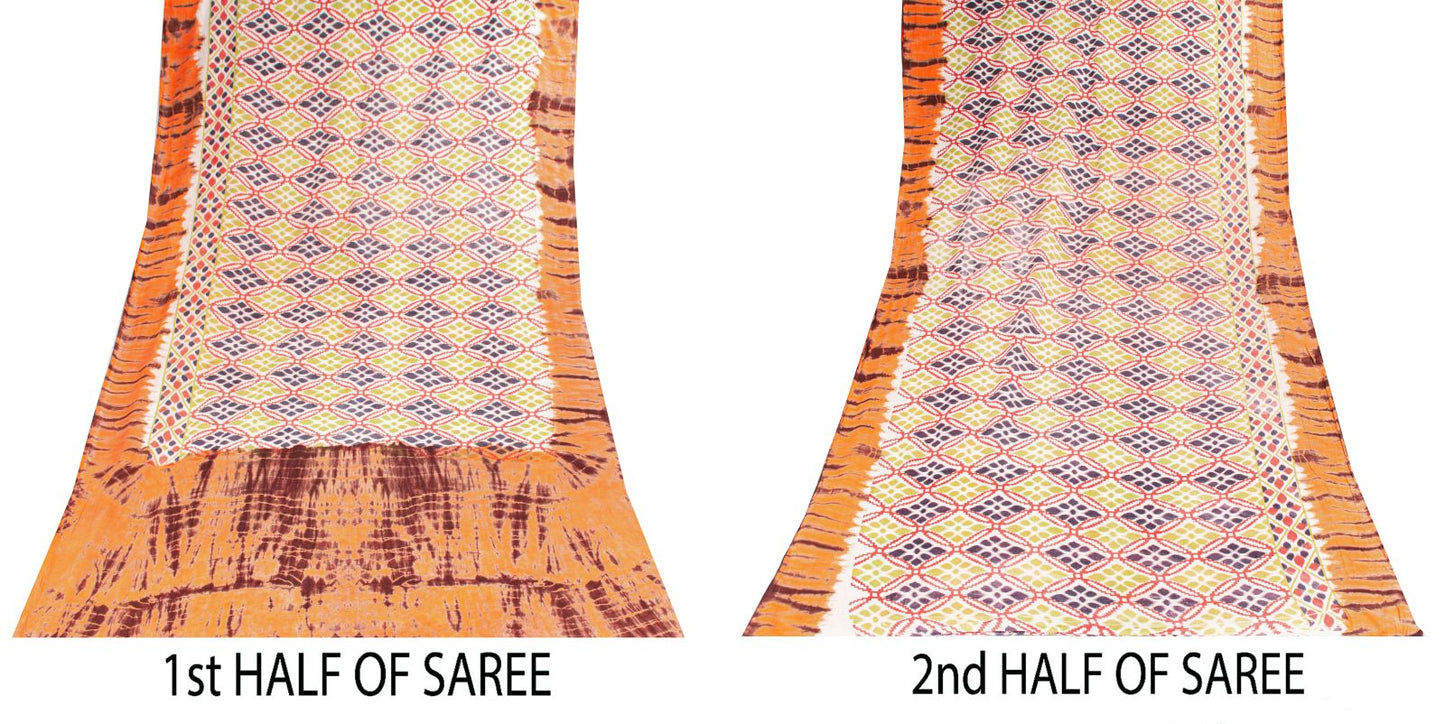 Sanskriti Vintage Saree White Soft 100% Pure Cotton Tie-Dye-Ikat Print Sari 5+YD