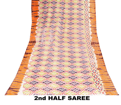 Sanskriti Vintage Saree White Soft 100% Pure Cotton Tie-Dye-Ikat Print Sari 5+YD