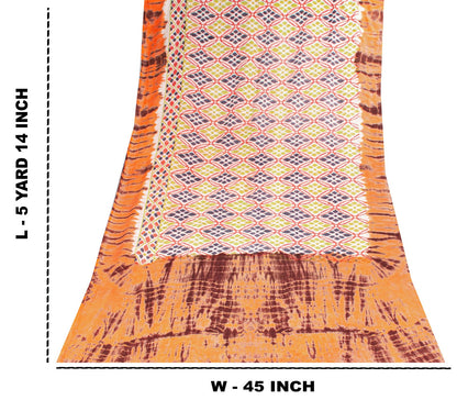 Sanskriti Vintage Saree White Soft 100% Pure Cotton Tie-Dye-Ikat Print Sari 5+YD
