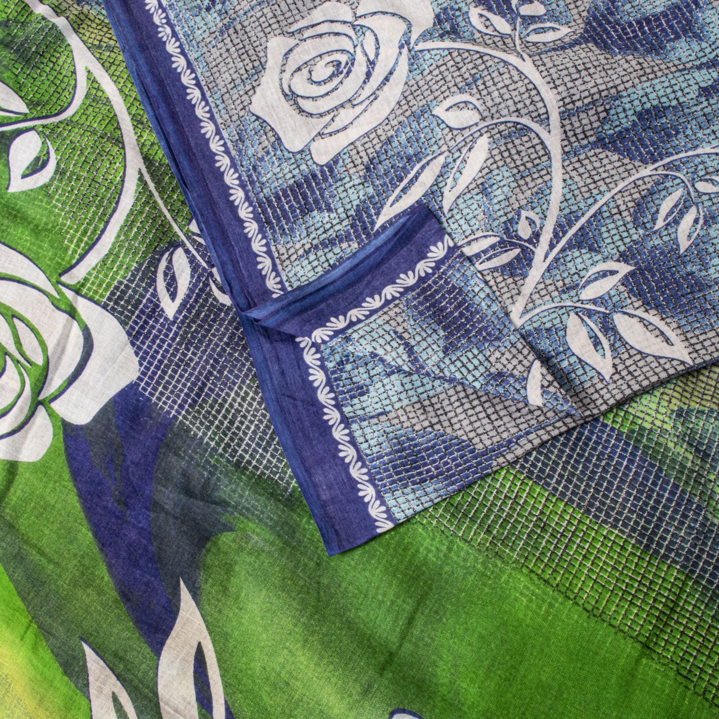 Sanskriti Vintage Saree Blue Soft Pure Cotton Floral Print Sari 5+YD Craftfabric