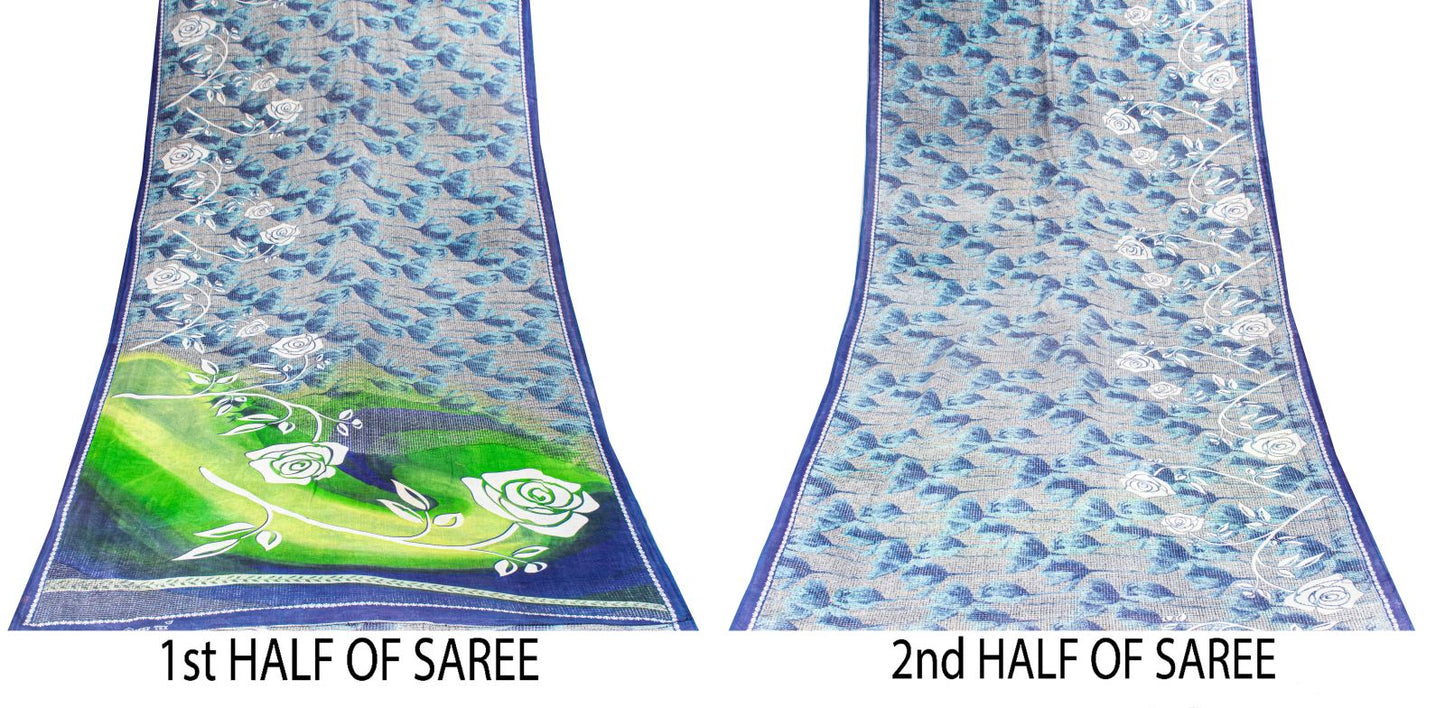 Sanskriti Vintage Saree Blue Soft Pure Cotton Floral Print Sari 5+YD Craftfabric