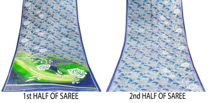 Sanskriti Vintage Saree Blue Soft Pure Cotton Floral Print Sari 5+YD Craftfabric