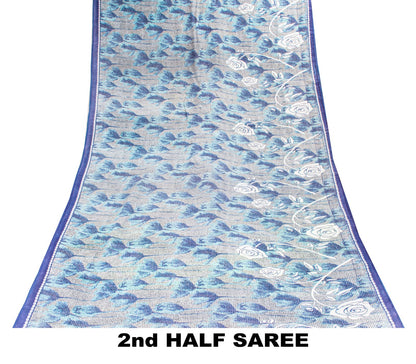 Sanskriti Vintage Saree Blue Soft Pure Cotton Floral Print Sari 5+YD Craftfabric