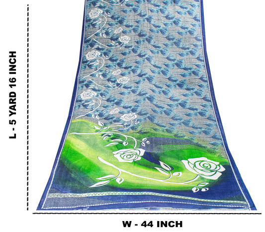 Sanskriti Vintage Saree Blue Soft Pure Cotton Floral Print Sari 5+YD Craftfabric