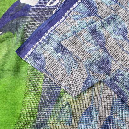 Sanskriti Vintage Saree Blue Soft Pure Cotton Floral Print Sari 5+YD Craftfabric
