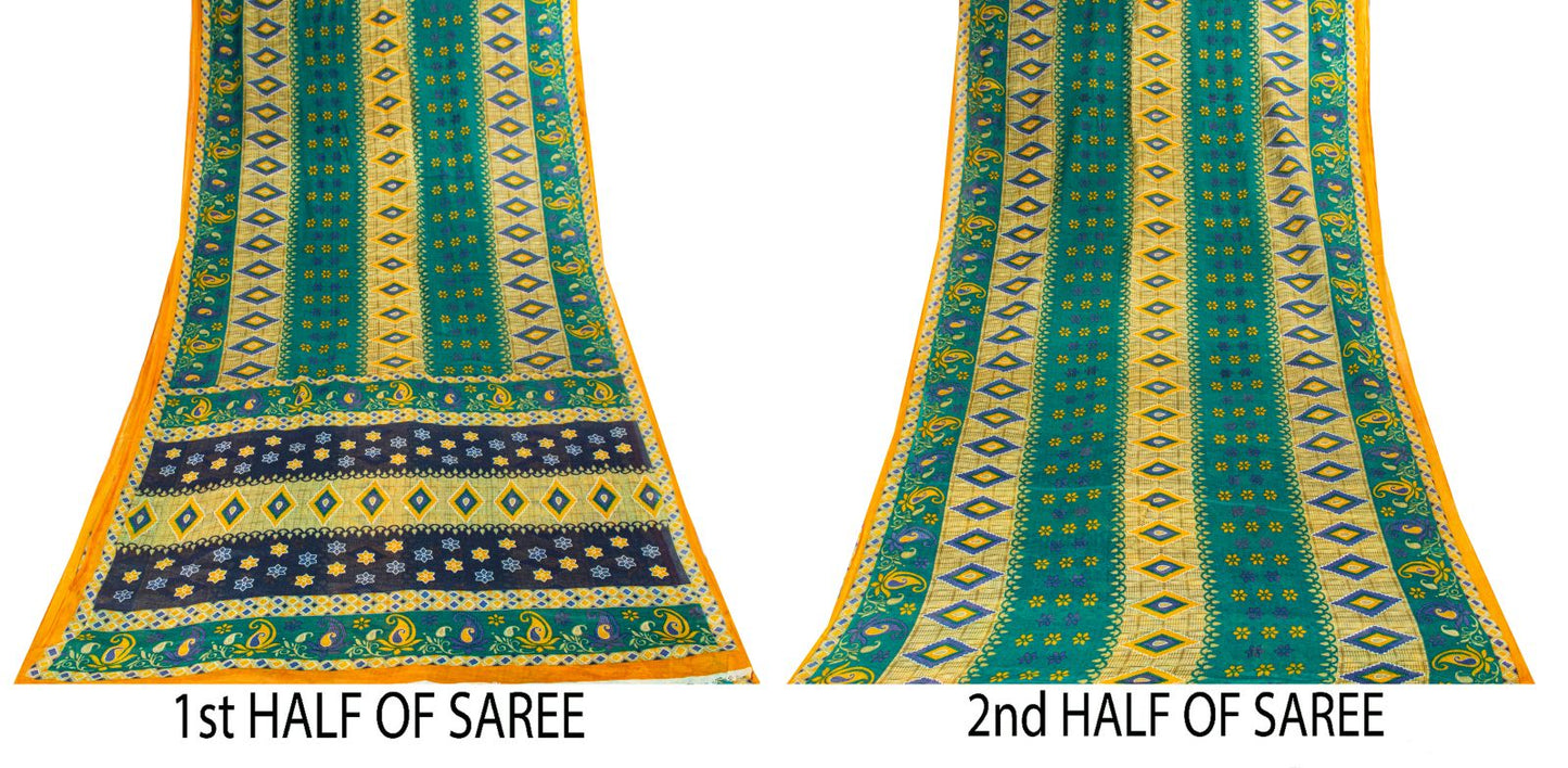 Sanskriti Vintage Saree Green Soft 100%Pure Cotton Floral Print Sari 5+YD Fabric