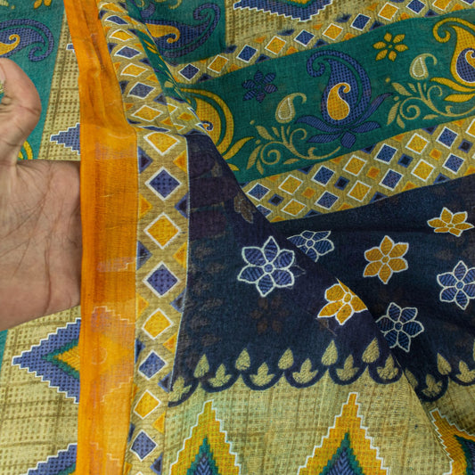 Sanskriti Vintage Saree Green Soft 100%Pure Cotton Floral Print Sari 5+YD Fabric