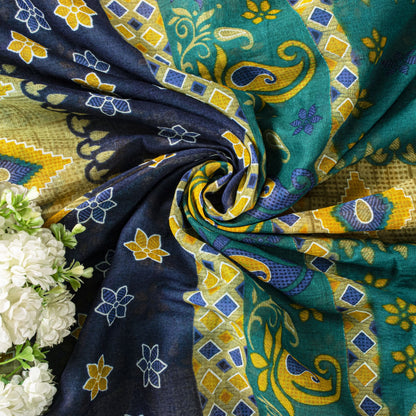Sanskriti Vintage Saree Green Soft 100%Pure Cotton Floral Print Sari 5+YD Fabric