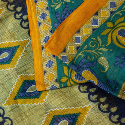 Sanskriti Vintage Saree Green Soft 100%Pure Cotton Floral Print Sari 5+YD Fabric