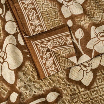 Sanskriti Vintage Saree Brown Soft 100%Pure Cotton Floral Print Sari 5+YD Fabric