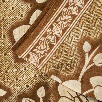Sanskriti Vintage Saree Brown Soft 100%Pure Cotton Floral Print Sari 5+YD Fabric