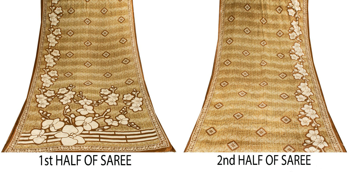 Sanskriti Vintage Saree Brown Soft 100%Pure Cotton Floral Print Sari 5+YD Fabric