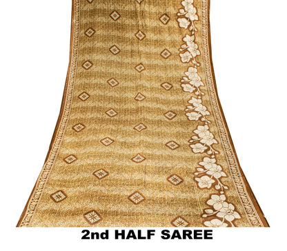 Sanskriti Vintage Saree Brown Soft 100%Pure Cotton Floral Print Sari 5+YD Fabric