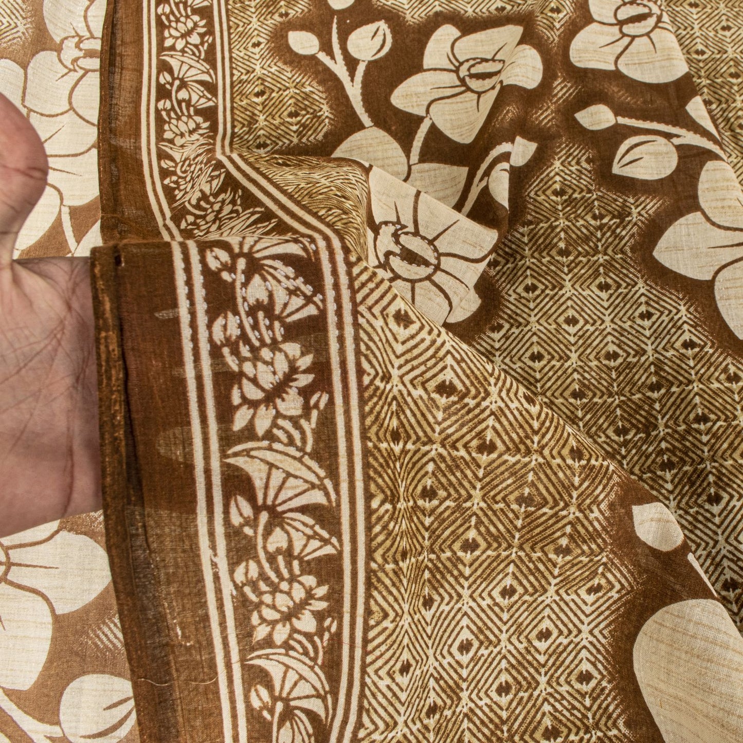 Sanskriti Vintage Saree Brown Soft 100%Pure Cotton Floral Print Sari 5+YD Fabric