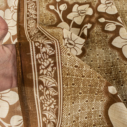 Sanskriti Vintage Saree Brown Soft 100%Pure Cotton Floral Print Sari 5+YD Fabric