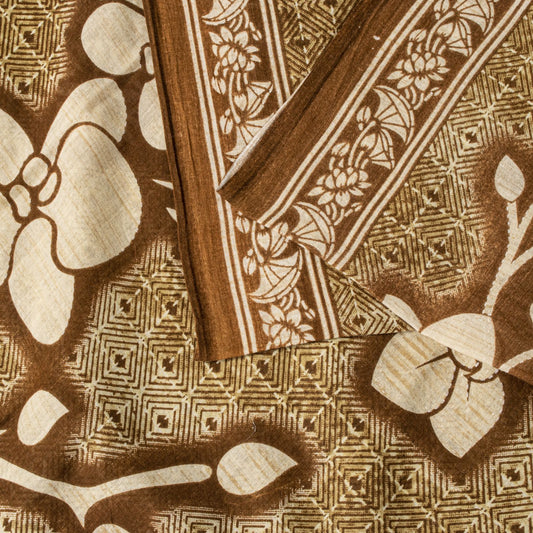 Sanskriti Vintage Saree Brown Soft 100%Pure Cotton Floral Print Sari 5+YD Fabric