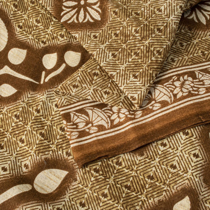 Sanskriti Vintage Saree Brown Soft 100%Pure Cotton Floral Print Sari 5+YD Fabric