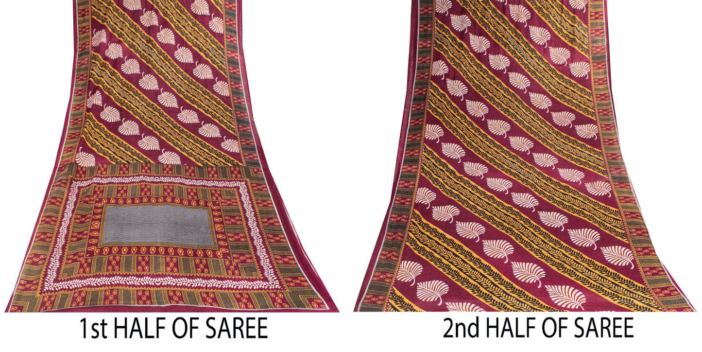 Sanskriti Vintage Dark Red Soft Pure Cotton Saree Leaf Printed Sari 5+YD Fabric