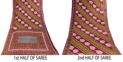 Sanskriti Vintage Dark Red Soft Pure Cotton Saree Leaf Printed Sari 5+YD Fabric