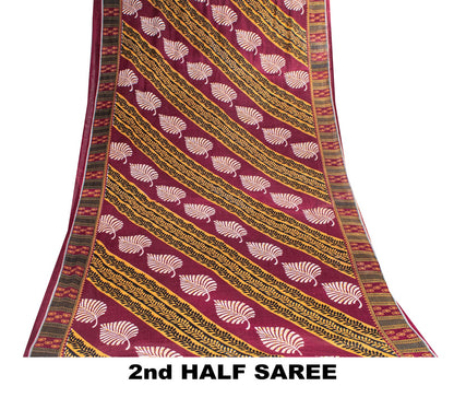 Sanskriti Vintage Dark Red Soft Pure Cotton Saree Leaf Printed Sari 5+YD Fabric