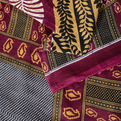 Sanskriti Vintage Dark Red Soft Pure Cotton Saree Leaf Printed Sari 5+YD Fabric