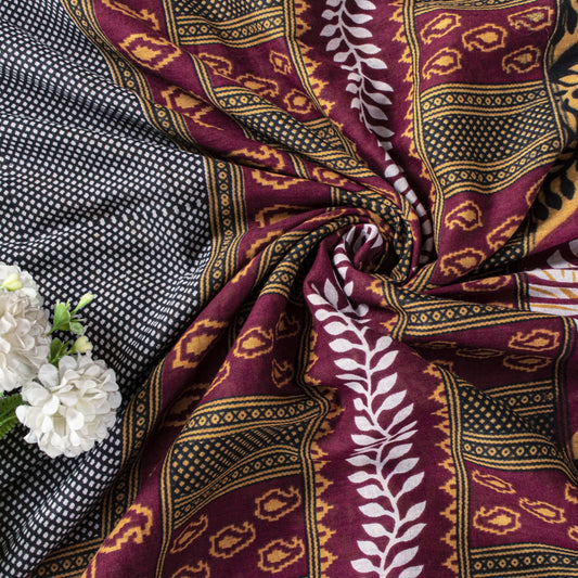 Sanskriti Vintage Dark Red Soft Pure Cotton Saree Leaf Printed Sari 5+YD Fabric