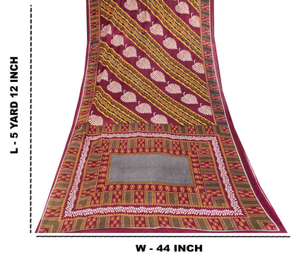 Sanskriti Vintage Dark Red Soft Pure Cotton Saree Leaf Printed Sari 5+YD Fabric
