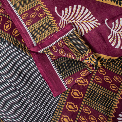 Sanskriti Vintage Dark Red Soft Pure Cotton Saree Leaf Printed Sari 5+YD Fabric