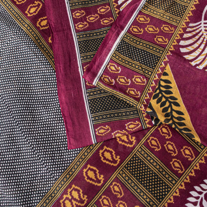 Sanskriti Vintage Dark Red Soft Pure Cotton Saree Leaf Printed Sari 5+YD Fabric