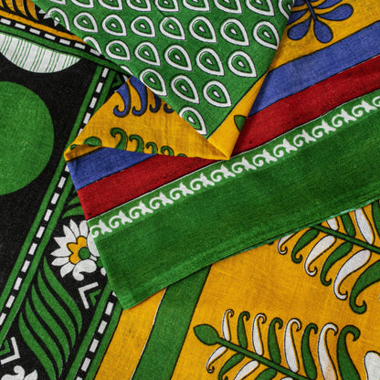 Sanskriti Vintage Saree Green Soft Pure Cotton Floral Printed Sari 5+YD Fabric