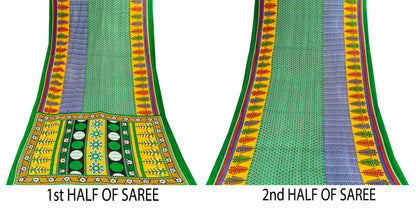 Sanskriti Vintage Saree Green Soft Pure Cotton Floral Printed Sari 5+YD Fabric