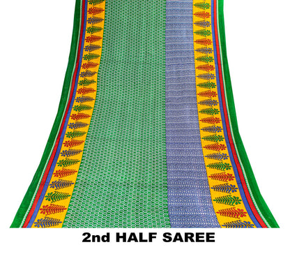 Sanskriti Vintage Saree Green Soft Pure Cotton Floral Printed Sari 5+YD Fabric