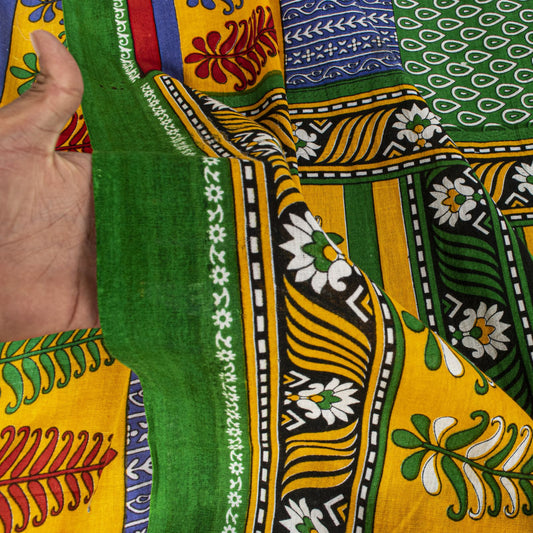 Sanskriti Vintage Saree Green Soft Pure Cotton Floral Printed Sari 5+YD Fabric