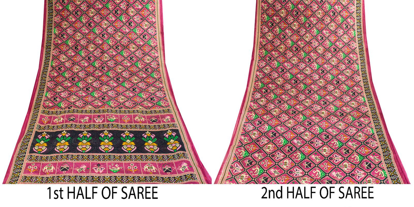 Sanskriti Vintage Saree Pink Pure Cotton Patan Patola Printed Gujrat Sari 5.5YD