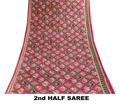 Sanskriti Vintage Saree Pink Pure Cotton Patan Patola Printed Gujrat Sari 5.5YD
