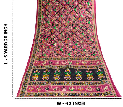Sanskriti Vintage Saree Pink Pure Cotton Patan Patola Printed Gujrat Sari 5.5YD