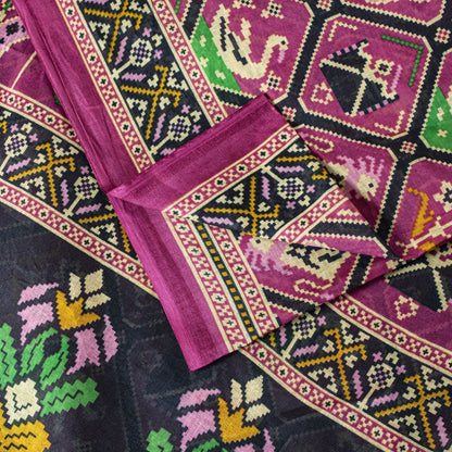 Sanskriti Vintage Saree Pink Pure Cotton Patan Patola Printed Gujrat Sari 5.5YD