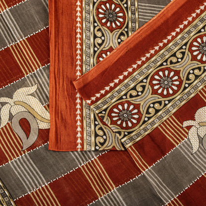 Sanskriti Vintage Gray-Brown Pure Cotton Saree Printed Sari 5+YD Craft Fabric