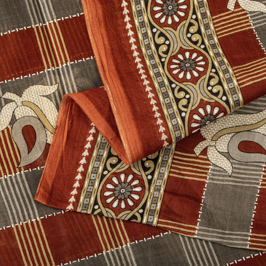 Sanskriti Vintage Gray-Brown Pure Cotton Saree Printed Sari 5+YD Craft Fabric