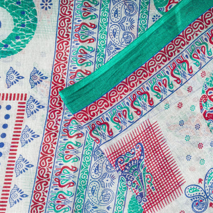 Sanskriti Vintage White Pure Cotton Saree Paisley Human Print Sari 5+YD Fabric