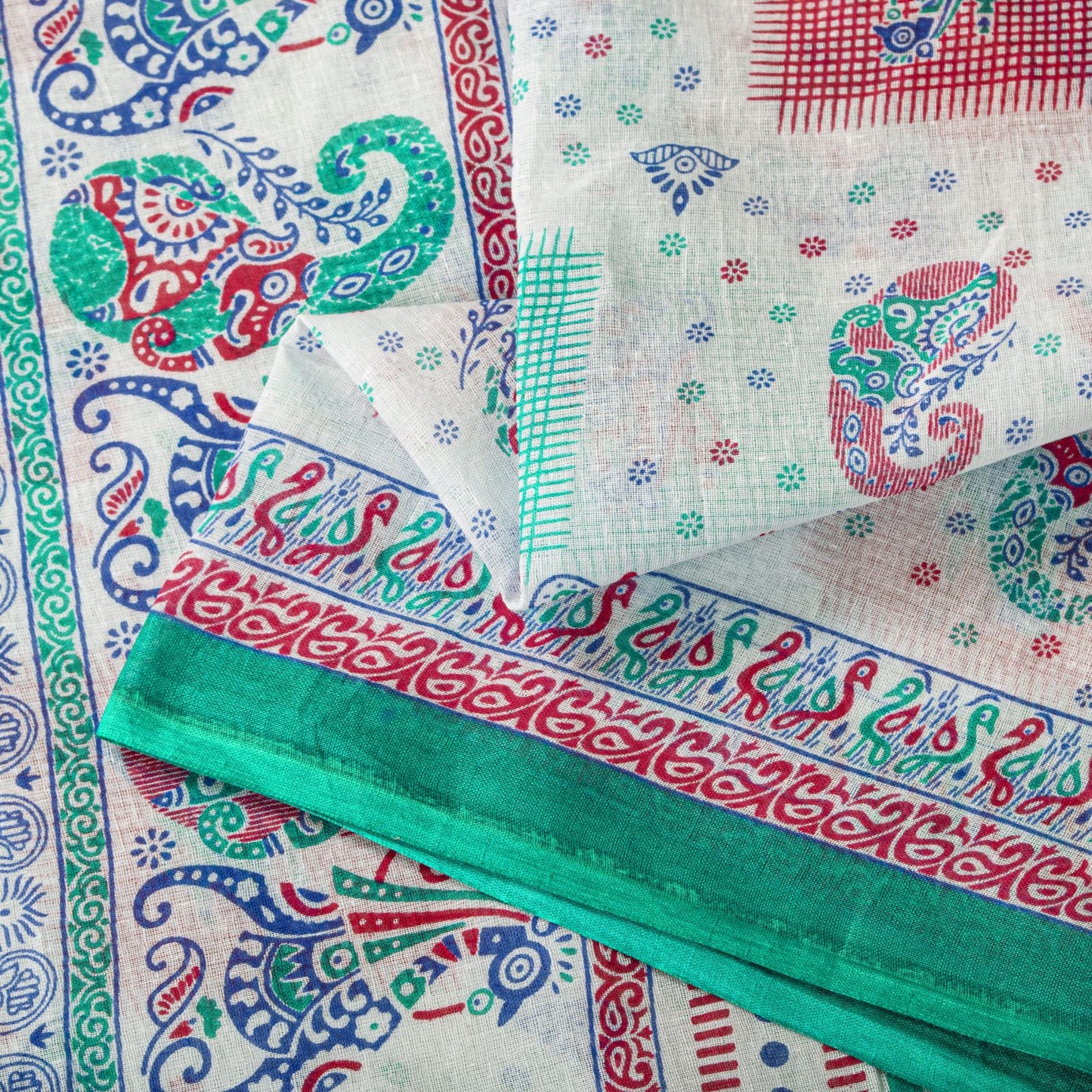 Sanskriti Vintage White Pure Cotton Saree Paisley Human Print Sari 5+YD Fabric