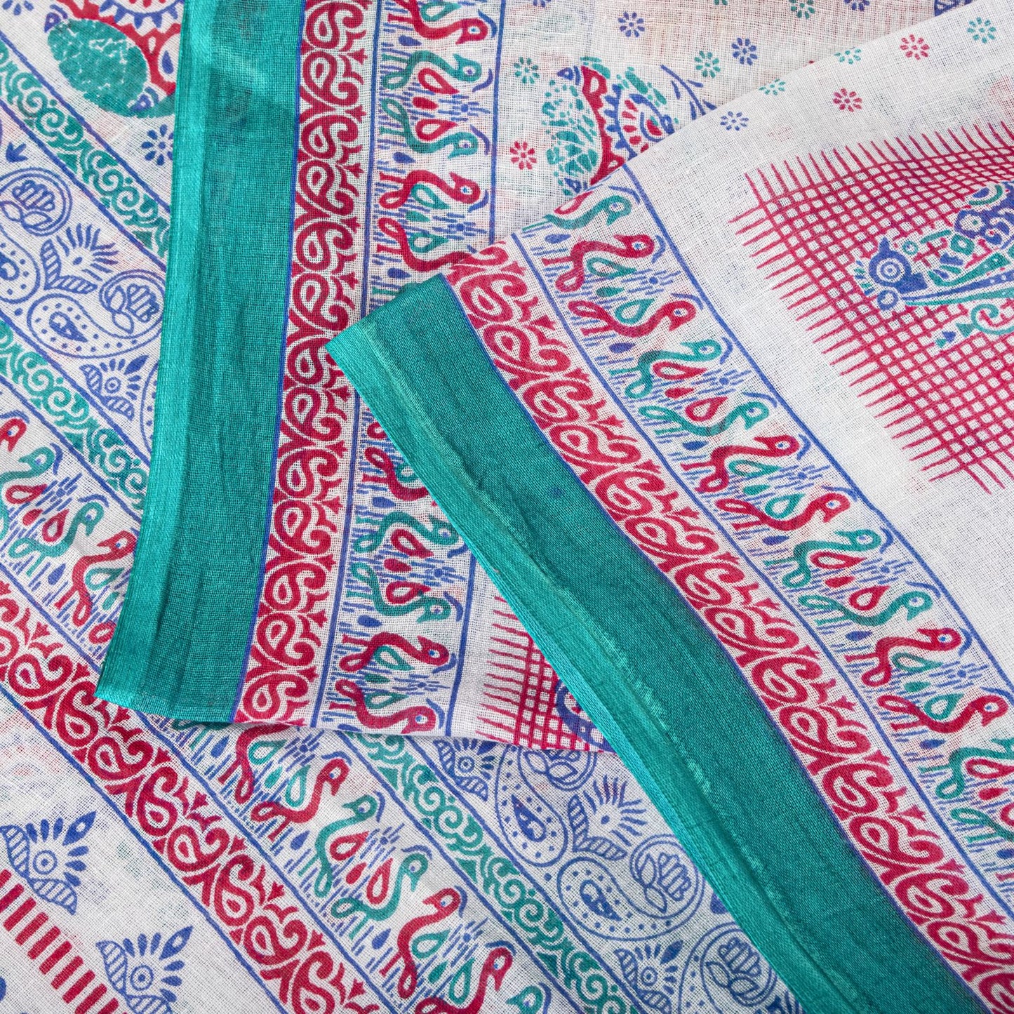 Sanskriti Vintage White Pure Cotton Saree Paisley Human Print Sari 5+YD Fabric