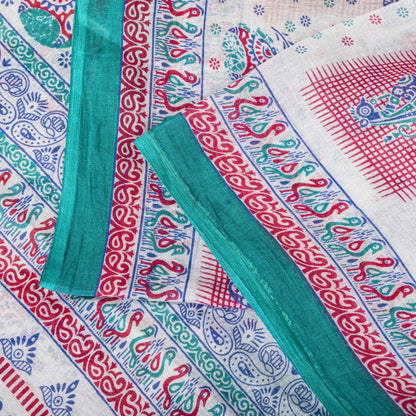 Sanskriti Vintage White Pure Cotton Saree Paisley Human Print Sari 5+YD Fabric