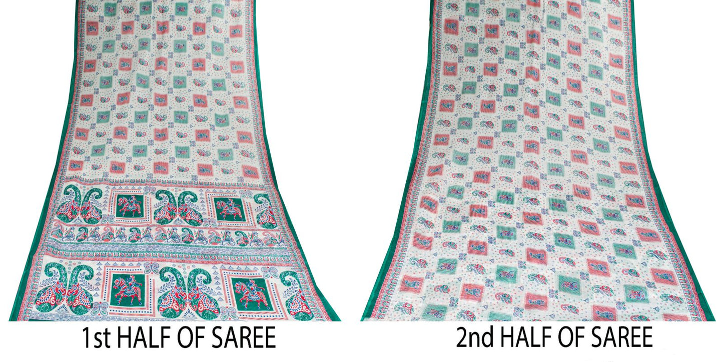 Sanskriti Vintage White Pure Cotton Saree Paisley Human Print Sari 5+YD Fabric