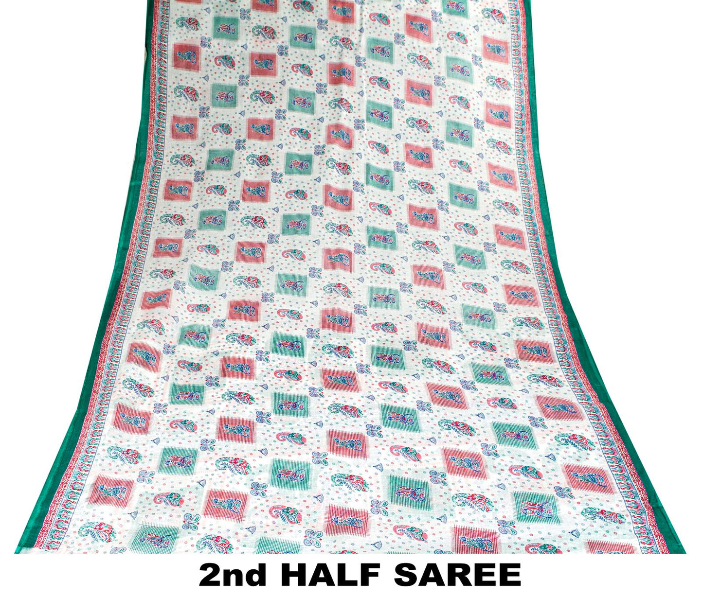 Sanskriti Vintage White Pure Cotton Saree Paisley Human Print Sari 5+YD Fabric