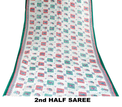 Sanskriti Vintage White Pure Cotton Saree Paisley Human Print Sari 5+YD Fabric